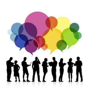 group of people with speech balloons